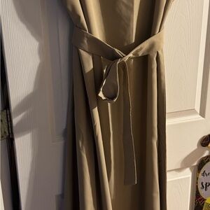 Tan Maxi length straight dress with belt.